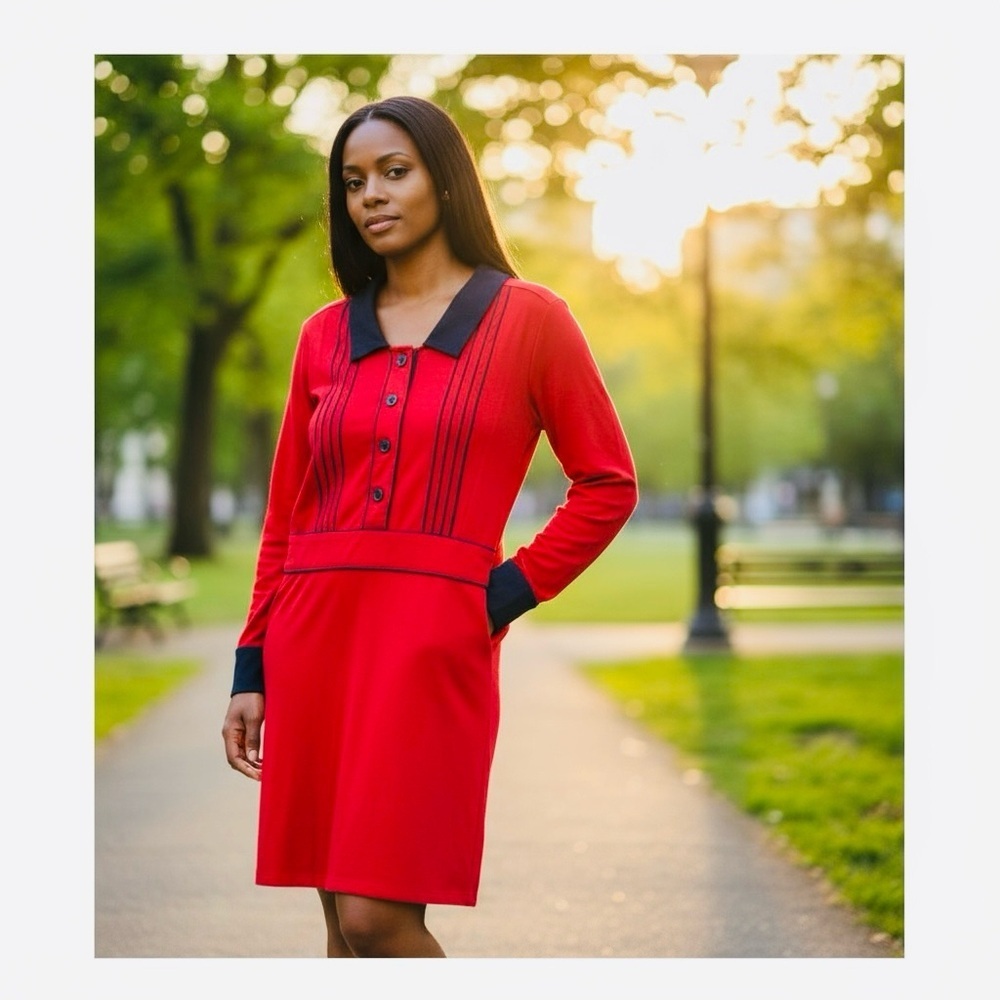 Zapelle Red & Navy Contrast Collar Long Sleeve Button Front Dress L-12